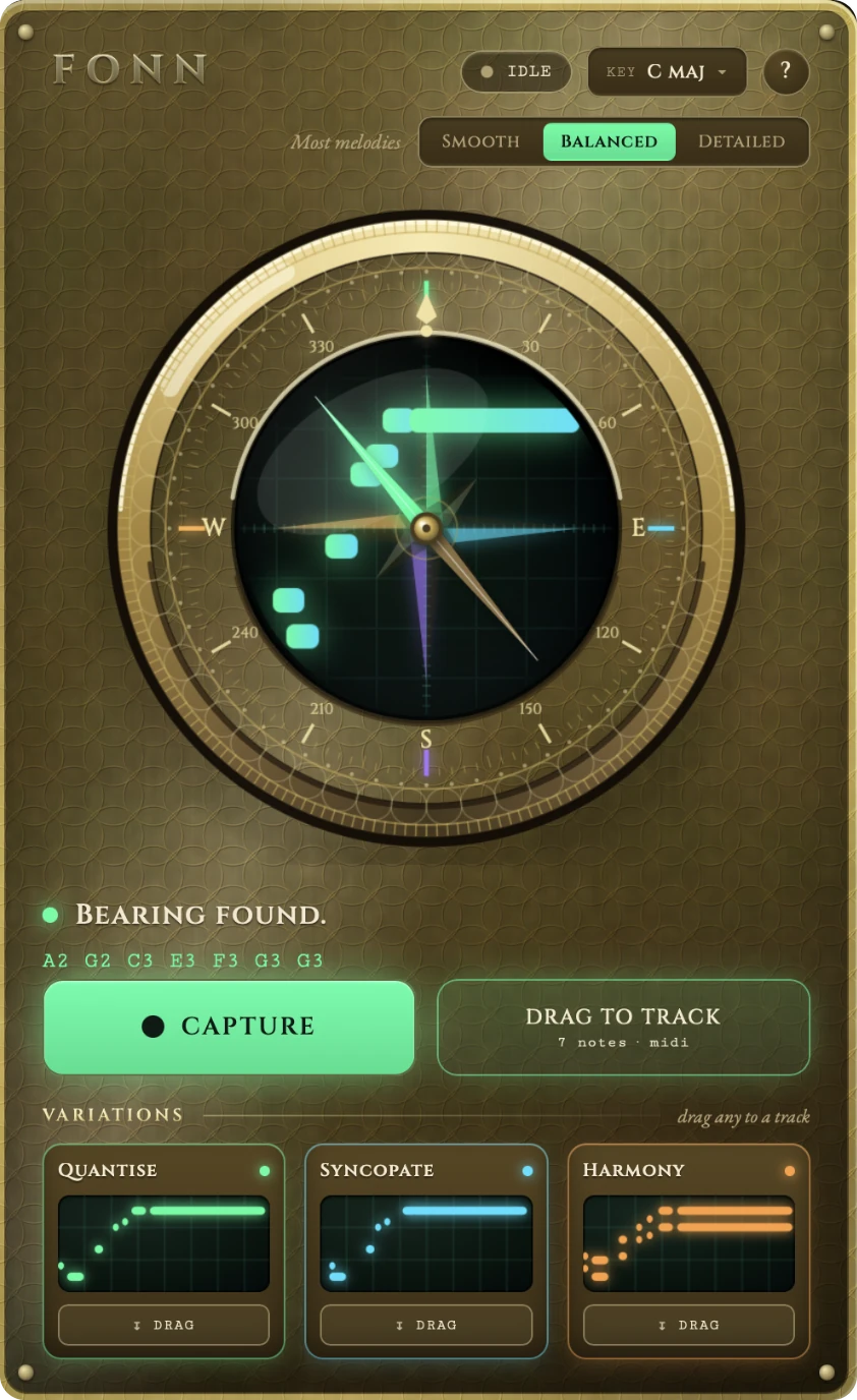 The Fonn plugin window: a brass compass dial showing seven captured notes, a Smooth, Balanced and Detailed switch, a Capture button, a Drag to Track button, and three variation cards labelled Quantise, Syncopate and Harmony.